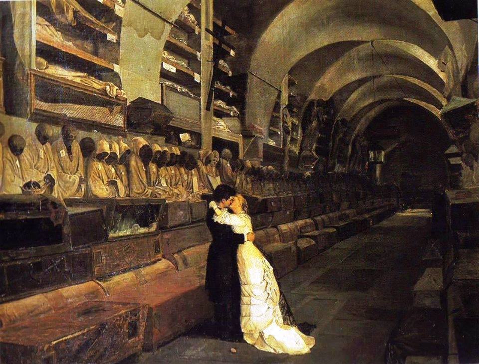 Il vampiro seduce una donna dentro le Catacombe dei Cappuccini di Palermo