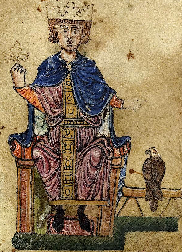 Federico II in un'antica miniatura medievale che lo ritrae con l'aquila imperiale, simbolo del Sacro Romano Impero