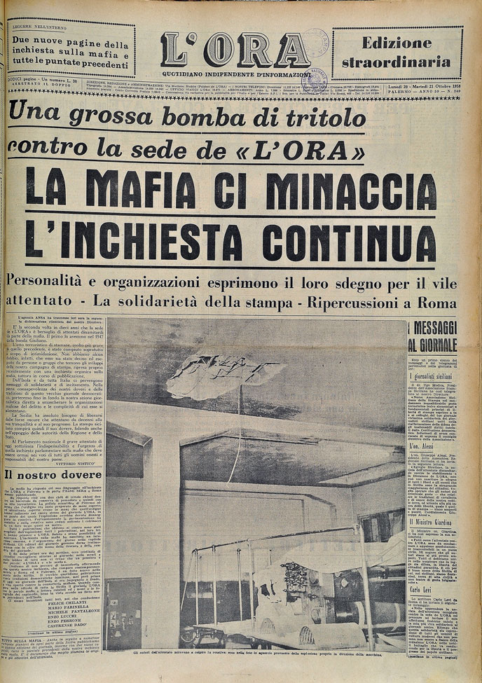 Prima pagina del Giornale L'Ora di Palermo del 1958