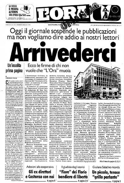 Lultima edizione del 1992 del Giornale L'Ora di Palermo